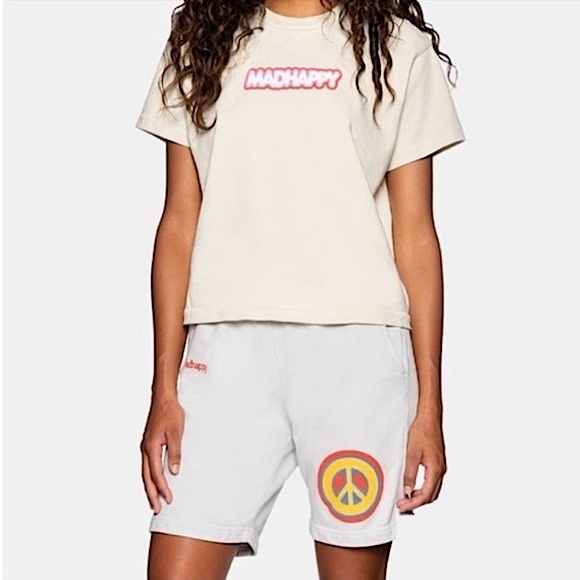 MADHAPPY Beige Cotton 90s Graphic Bubble Logo Crewneck Short Sleeve Crop Tee M - Picture 1 of 7